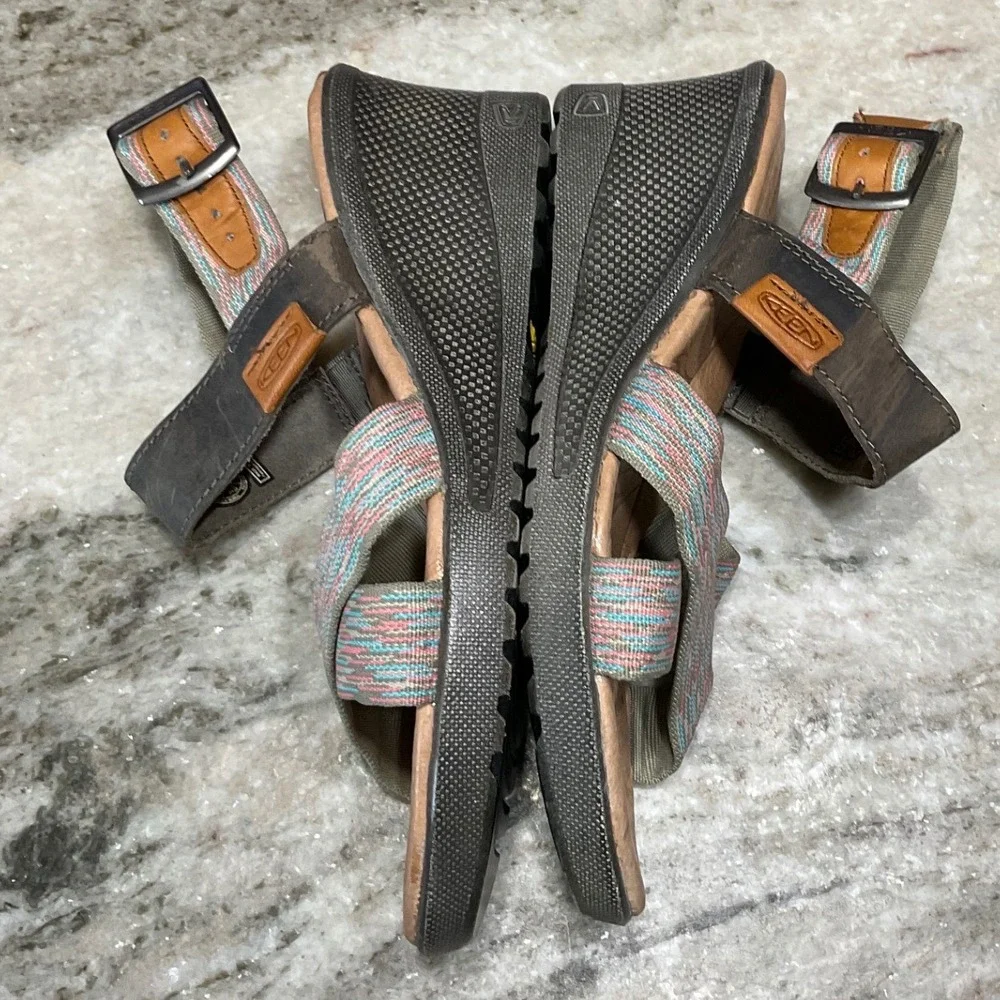 Keen Wedge Sandals Womens 5 Leather Woven Strappy Brown Multicolor Comfort